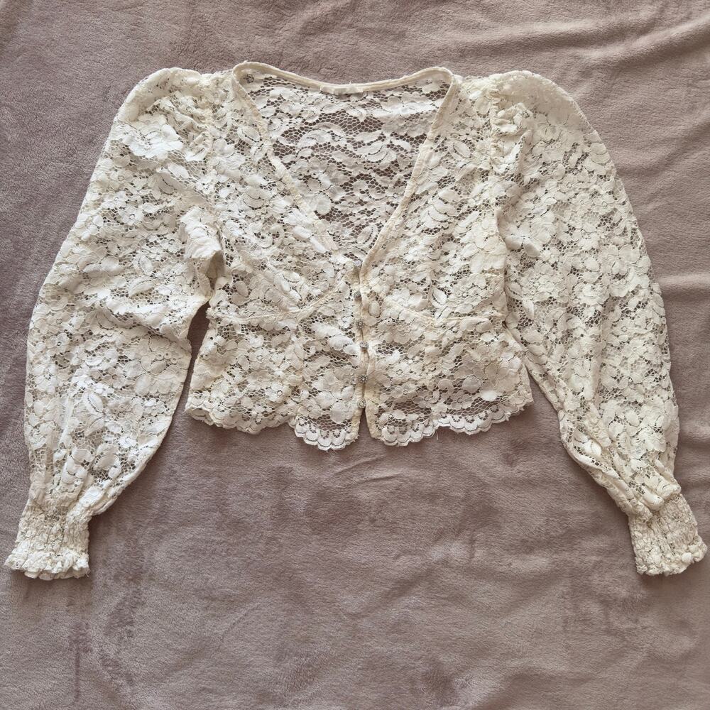 Mine Cream Floral Lace Crop Top Sheer Puff Sleeve Cottagecore Blouse Size M